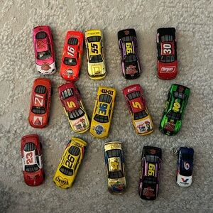 Set of 14 race cars and 1 tiny keychain missing clasp
